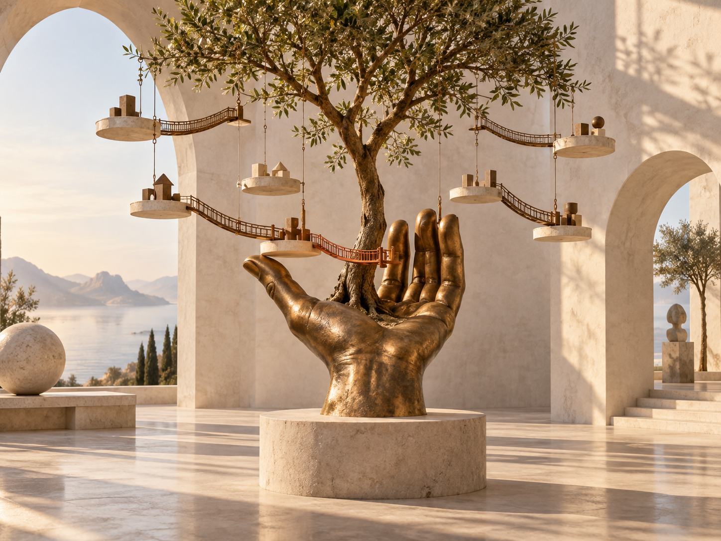 Portfolio artwork: a bronze hand on a stone plinth cradles an olive tree hung with miniature bridges and play blocks, overlooking a calm sea.
