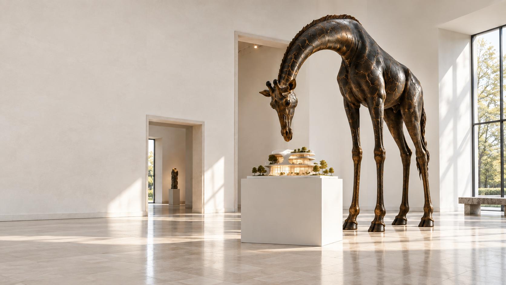 A monumental bronze giraffe stands in a sunlit ivory gallery, bending its long neck to study a tiny illuminated architectural model on a white plinth. Conceptual illustration.