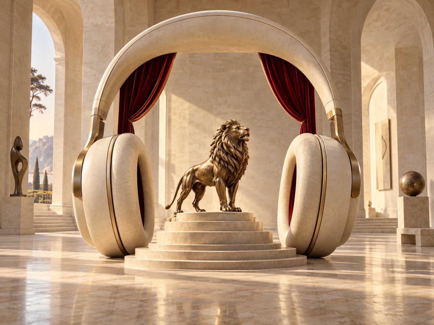 Portfolio artwork: monumental cream headphones frame a bronze lion standing on a small theatrical stage with red velvet curtains.