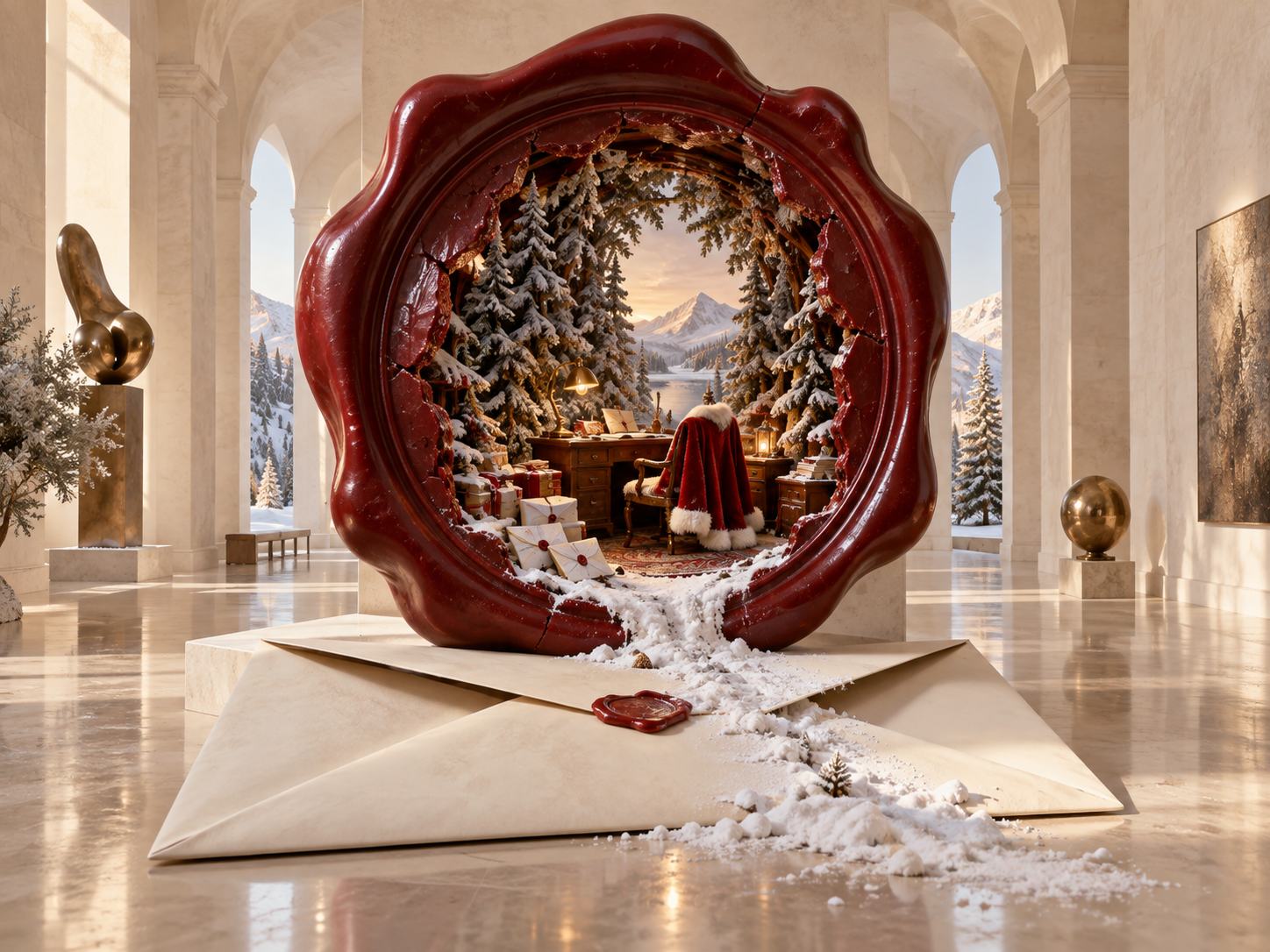 Portfolio artwork: an oversized red wax seal on a cream envelope opens onto a miniature snowy world of pine trees and Santa's writing desk.