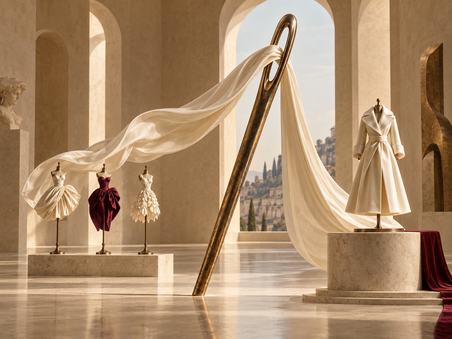 Portfolio artwork: a giant bronze needle trails a length of ivory silk past small mannequins on plinths in an arched gallery. The garments are part of the artwork, not products.