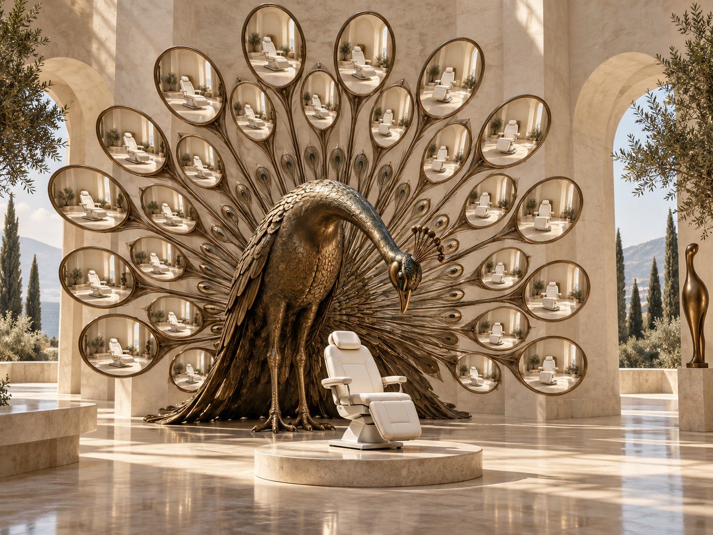 Portfolio artwork: a bronze peacock whose fanned, mirrored feathers reflect an empty treatment chair in a sunlit ivory gallery.